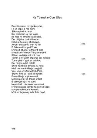 Ke Tbanat e Curr Ules

Permbi shkam bri njaj kaçubet,
I a ká kapë, e me mëni,
Si kasapi e ká zanát
Kúr pret mish, aj me tagan
Ká nisë m' arrç me i a cecatë,
Dér qi i jet n' dorë si bastan:
Edhè at herë atý at rradake,
Arrçit t' shkputne, krah nji fillit         250
E flakron si kungull Vrake,
N' mes t' oborrit, terthuer t' cillit
Mbetë kisht' dekun Tringa e mjerë.
Shkon rradakja rrok më rrok,
Tamth e m' tamth shporue per mnderë
Tue e pliré n' gjak at patalok;             255
Dér qi vjen edhé zatetë
Shi te kambët e tringës. At hera
Nisë me marrë Gjetja perpjeté.
Veç, kqyr, ç' bâni Millosh Pera,
Shpirti mirë pa i dalë të ngratit:          260
Porsa Gjetja shpinen suell,
Millosh pera i ká dhânë shtatit
E permysë aj si nji buell,
Neper lerë rrshqanas tue u shtri,
N' moh njanës kambë Gjeton ká kapë,
Mys per toké tue e karrani;
M' tê m' tagan atý edh' âsht hapë,
___________________




476
 