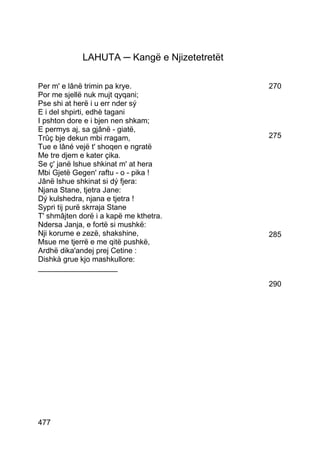 LAHUTA ─ Kangë e Njizetetretët

Per m' e lânë trimin pa krye.                 270
Por me sjellë nuk mujt qyqani;
Pse shi at herë i u err nder sý
E i del shpirti, edhè tagani
I pshton dore e i bjen nen shkam;
E permys aj, sa gjânë - giatë,
Trûç bje dekun mbi rragam,                    275
Tue e lâné vejë t' shoqen e ngratë
Me tre djem e kater çika.
Se ç' janë lshue shkinat m' at hera
Mbi Gjetë Gegen' raftu - o - pika !
Jânë lshue shkinat si dý fjera:
Njana Stane, tjetra Jane:
Dý kulshedra, njana e tjetra !
Sypri tij purë skrraja Stane
T' shmâjten dorë i a kapë me kthetra.
Ndersa Janja, e fortë si mushkë:
Nji korume e zezë, shakshine,                 285
Msue me tjerrë e me qitë pushkë,
Ardhë dika'andej prej Cetine :
Dishkà grue kjo mashkullore:
___________________

                                              290




477
 