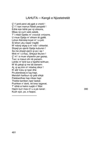 LAHUTA ─ Kangë e Njizetetretët
Ç' t' janë perzi atij gjak e vnerë !
Ç' t' i kan marrun flokët perpjetë !
Edhè kán lidhë per nji shkorre,
Mbas nji curri vetë zatetë,
T' i mbet Gjetës m' «novicë »mizorre.
U rrxue Gjetja m' shkam të gjallë.
Lshon Kërrstiqi kryet m' i a pré:
Si lshon uku neper rragllë
M' ndonji skjap a m' ndo' i shkerbé.
Shpejt po xjerrë Gjetja kuburen !
Sa me shpejt zjarm qi po i ep !
Mirë m' i a thau, Shkjaut likuren !
Ç' m' i a muer shpiertin per gazep,
Tue i a rrasun shi në parsem,
Letrâc m' lerë tue e hjedhë terthuer,
M' tê çakajt qi me bâ darsem:
Aj, qi aq trim m' mbahej dikúr !
N' atê Vuku qi nper dhé
Po plandosej si lug trapi,
Mendsh harlisun nji çetë shkjé
Palabardhas hap mbas hapi
Thekte kamben nper laskár,
Pushken n' dorë, në brez taganat,
T' idhtë si helmi ruejtë n' filtár:
Hajrin kurr mos m' u a pá nanat :             390
Kush sýzi, po, e faqezi,
___________________




481
 