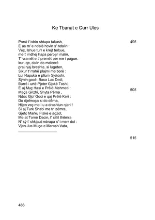 Ke Tbanat e Curr Ules

Porsi t' ishin shtupa takash,                 495
E as m' e ndalé hovin s' ndalin :
Veç, lshue turr e krejt terbue,
me t' mdhej hapa perpijn malin,
T' vramét e t' premët per me i pague.
kur, qe, dalin do malcoré
prej njaj breshte, si lugeten,
Sikur t' rrahë plajmi me borë :
Lul Rapuka e pllum Gjeloshi,
Sýnin gacë; Baca Luc Dedi,
Burrë i urtë Pjeter Gjokë Toshi,
E aj Muç Hasi e Prêlë Mehmeti :               505
Maça Grizhi, Shyta Pêma ,
Ndoc Gjo' Goci e qaj Prélë Keri :
Do djelmoça si do dêma,
Hijen veç me i u a drashtun njeri !
Si aj Turk Shabi me tri zêmra,
Gjeto Marku Flakë e agzot,
Me at Tomé Dacin, t' cillit thêmra
N' sý t' shkjaut mbrapa s' i merr dot :
Vjen Jus Muça e Marash Vata,
___________________

                                              515




486
 