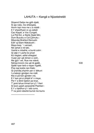 LAHUTA ─ Kangë e Njizetetretët
Shpend Delija me gjith djalë,
Si ajo nata, me shtergata,
Hovin topi mos me u a ndalë :
E t' shperthyen si uq zabeli
Cac Kaçeli, e Voc Cungeli,
Lul Pál Kiri, e Nishk Djalé Miri,
Dum Buzuku e Col Çamuku :
Mbandej Brahkol Demushi
Edh' aj Islam Makalushi :
Maça keqi, ' i varraslí,
Në sahat e në taki,
Veshë e mbathé, e burrë zotni :
Qi atjè n' Lezhe te çinari
Kû tregtari, edhé shtegtari
Vuejn per ujë dimen e verë ,
Me gjâ t' vet, fitue me nderë,
Ndreqi kronin me ujë të gjallë ,               530
Sjellë nper lerë e neper rrgallë,
Prej njaj kodre nen Kalá :
Qi prandej shpirtin per s' dèkuni
I a bekojn gjindjen me máll.
Kta si pá ken gjinden vrá,
E t' kan pá si shkjét ki' n msye,
Per t' a lânë Gjeton pa krye,
T' janë lshue trimat turr p' r' iheri
Si lavé ujqish perposhtë Peshteri :
E t' u hjedhun p' r atá curra,
T' na janë ndeshë burrat me burra
___________________




487
 