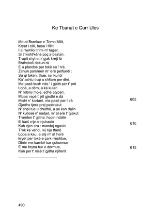 Ke Tbanat e Curr Ules

Me at Brankun e Tomo Milit,
Kryet i cilli, besa 'i fillit
I a rrumlloi trimi m' tagan,
Si t' kisht'kênë poç a bastan.
Trupit shyt e n' gjak krejt lá
Brahokoli dekun rá
E u plandos per tokë sa 'i trá,
Zanun parsmen m' lerë perfundi :
Sa qi token, thue, se lkundi
Ka' ashtu trup u sh6am per dhé.
Me pasë kush ndo ' i gjeth per t' pré
Lopë, a dêm, a ká kulari
N' ndonji moje, edhé atypari,
Mbasi repë t' jét gjedhi e dá
Misht n' kortarë, me pasë per t' rá            605
Gjedhe tjera prej pastrakut
N' shpi tue u dredhë, a se kah dalin
N' kullosë n' nadjet, m' at erë t' gjakut
Tranden t' gjitha: hapin ndalin
E harû rrijn e njuhasin                        610
Kah vjen era : mandej ngasin
Trok ke vendi, kû kje therë
Lopa e kau, e atý m' at herë
kryet per tokë e çark rreshtue,
Dhén me kambë tue çukurmue
E me bryna tue e dermue,                       615
Kan per t' nisë t' gjitha njiherit
___________________




490
 