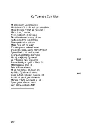 Ke Tbanat e Curr Ules

M' at serdarin Llazo Stanin :
Idhtë shosho' it t' cillit kah po i mveshen,
Thue dy curra n' moh po ndeshen !
Matiq Jure, 'i taravol,
N' sý «kapicen »e nja' n pol
Të dollamës nen brez aj zânun,
Fort po rrin trimi tue dhanun,
Shum po ká trimi zalldan,
Maça Keqi kah m' tagan
T' a vên para a askund aman
S' po i lên, besa, as me marrë frýmë !
Djerset balli u rrit tanë brymë.
Se ç' po hapet Ndoc Gjo' Goci
Mbi nji shkjá prej Gjurakoci
Lé n' Kosovë ! por qi enè fmi                  655
Paska dalë ky e ngulë n' Mal t' Zi :
Miter Spasi aj êmni i ti :
Trim si Zâna e belaçi :
M' trá me mrrijtë, po, kryet e ti.
Ky Ndoc Gjoni me tri zêmra,                    660
Burrë çufrrok : shkjaut mos me i rá
As dèr m' sjetull, por qi thêmra
Mbrapa n' luftë kur marrë s' i ká :
Sýnin gacë, zêmren barot,
Lum per tý, o i Lumi Zot !
___________________




492
 