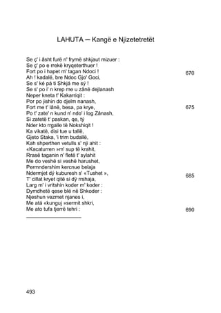 LAHUTA ─ Kangë e Njizetetretët

Se ç' i âsht furë n' frymë shkjaut mizuer :
Se ç' po e rrekë kryqeterthuer !
Fort po i hapet m' tagan Ndoci !               670
Ah ! kadalë, bre Ndoc Gjo' Goci,
Se s' ké pá ti Shkjá me sý !
Se s' po i' n krep me u zânë dejlanash
Neper kneta t' Kakarriqit :
Por po jishin do djelm nanash,
Fort me t' lânë, besa, pa krye,                675
Po t' zate' n kund n' ndo' i log Zânash,
Si zatetë t' paskan, qe, tý
Nder kto rrgalle të Nokshiqit !
Ka vikatë, disi tue u tallë,
Gjeto Staka, 'i trim budallë,
Kah shperthen vetulls s' nji ahit :
«Kacaturren »m' sup të krahit,
Rrasë taganin n' fletë t' sylahit
Me do veshë si veshë harushet,
Permndershim kercnue belaja
Ndermjet dý kuburesh s' «Tushet »,             685
T' cillat kryet qitë si dý rrshaja,
Larg m' i vritshin koder m' koder :
Dymdhetë qese blé në Shkoder :
Njeshun vezmet njanes i,
Me atá «kunguj »sermit shkri,
Me ato tufa tjerrë tehri :                     690
___________________




493
 