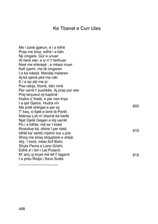 Ke Tbanat e Curr Ules


Me i zanë gjakun, e i a lidhë
Prap me brez; edhè i a bân
Nji cingare. Gúr e unuer
At herë xier, e si n' t' terthuer
Nisé me shkrepë ; e mbasi muer
Kafi zjarm, me tê cingaren
I a ká ndezë. Mandej mataren
Aj ká xjerrë plot me raki
E i a ep atý me pi :
Pse rakija, thonë, bân mirë
Per varrë t' pushkës. Aj prap por xier
Prej terçukut nji kaptinë
Hudre s' thatë, e per nen krye
I a qet Gjetos. Hudra vin
Me pritë shtrigat e per sý                   805
T' keq, si fjalë e lané të Parët.
Ndersa Luli m' shpinë ká bartë
Njat Gjetë Gegen e ktij varrët
Po i a lidhte, mâ se 'i kokë
Rrotullue ká, ofshe ! per tokë,              810
Idhtë ka' ashtû rrijshin tue u pré
Shoq me shoq shqyptarë e shkjé.
Atý, 'i herë, mbet Arif Bishi,
Shyta Pema e Lano Grishi,
Edhè a' i biri i Let Putanit,
M' arrç qi kryet më tef t' taganit           815
I a preu Ristja i Savo Sulës
___________________




498
 