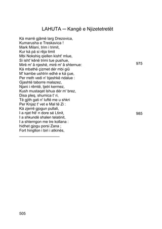 LAHUTA ─ Kangë e Njizetetretët
Ká marrë gjâmë larg Drezovica,
Kumarusha e Treskavica !
Mark Milani, trim i trimit,
Kur ká pá si rêja timit
Mbi Nokshiq qiellen kisht' mlue,
Si isht' kênë trimi tue pushue,
Mirë m' â njeshë, mirë m' â shternue:         975
Ká mbathë çizmet dér mbi giû
M' kambe ushtrin edhè e ká çue,
Per rreth vedi n' bjeshkë ndalue :
Gjashtë taborre malazez,
Njani i rêmtë, tjetri kermez,
Kush mustaqet lshua dér m' brez,
Disa pleq, shumica t' ri,
Të gjith gati n' luftë me u shkri
Per Knjaz t' vet e Mal të Zi :
Ká zjerrë gjogun pullali,
I a njet frê' n dore sé Ltinit,               985
I a shkundë shalen telatinit,
I a shterngon me tre kollana :
hidhet gjogu porsi Zana ;
Fort hingllon i biri i atkinës,
___________________




505
 