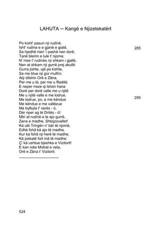 LAHUTA ─ Kangë e Njizetekatërt

Po kisht' pasun nji rudinë.
Isht' rudina e e gjanë e giatë,               285
Sa hjedhë nieri 'i pashë nen dorë,
Tanë blerim e lule t' njoma;
N' mes t' rudinës nji shkam i gjallë,
Nen at shkam nji gurrë prej akullit.
Gurra jishte, ujë po kishte,
Sa me blue nji gúr mullîni.
Atý dilshin Orë e Zâna,
Per me u lá, per me u flladitë,
E neper rreze qi lshon hana
Dorë per dorë valle me u njitë
Me u njitë valle e me lodrue,
Me lodrue, po, e me këndue                    295
Me këndue e me vallëzue
Me bylbyla t' verës - ó,
Dér nper ag të Dritës - ó!
Mbí at rudinë e te ajo gurrë,
Zana e madhe, Shtojzovallet!
Ká ulë Tringën n' bár të njomë,
Edhè fshâ ká ajo të madhe.
Kur ká fshâ nji herë të madhe,
Ká piskatë fort mâ të madhe:
Ç' ká ushtue bjeshka e Vizitorit!
E kan ndie Motrat e veta,
Orë e Zâna t' Vizitorit:
___________________




524
 