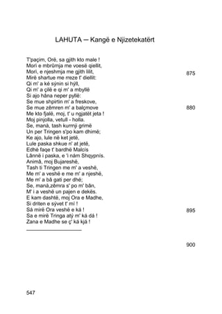 LAHUTA ─ Kangë e Njizetekatërt

T'paçim, Orë, sa gjith kto male !
Morì e mbrûmja me voesë qiellit,
Morì, e njeshmja me gjith lilit,               875
Mirë shartue me rreze t' diellit:
Qi m' a ké sýnin si hýll,
Qi m' a çilë e qi m' a mbyllë
Si ajo hâna neper pyllë:
Se mue shpirtin m' a freskove,
Se mue zêmren m' a balçmove                    880
Me kto fjalë, moj, t' u ngjatët jeta !
Moj pinjolla, vetull - holla.
Se, manà, tash kurrnji grimë
Un per Tringen s'po kam dhimë;
Ke ajo, lule në ket jetë,
Lule paska shkue n' at jetë,
Edhè faqe t' bardhë Malcís
Lânnë i paska, e 'i nám Shqypnís.
Animâ, moj Bujareshë,
Tash ti Tringen me m' a veshë,
Me m' a veshë e me m' a njeshë,
Me m' a bâ gati per dhé;
Se, manà,zêmra s' po m' bân,
M' i a veshë un pajen e dekës.
E kam dashtë, moj Ora e Madhe,
Si driten e sývet t' mí !
Sá mirë Ora veshë e ká !                       895
Sa e mirë Tringa atý m' ká dá !
Zana e Madhe se ç' ká kjá !
___________________


                                               900




547
 