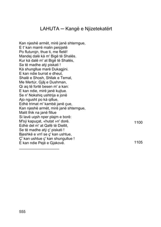 LAHUTA ─ Kangë e Njizetekatërt

Kan njeshë armët, mirë janë shterngue,
E t' kan marrë malin perpjetë
Po fluturojn, thue ti, me fletë!
Mandej dalë ká m' Bigë të Shalës.
Kur ká dalë m' at Bigë të Shalës,
Sa të madhe atý piskati !
Ká shungllue marë Dukagjini.
E kan ndie burrat e dheut,
Shalë e Shosh, Shllak e Temal,
Me Mertúr, Gjâj e Dushman,
Qi aq të fortë besen m' a kan:
E kan ndie, mirë janë kujtue.
Se n' Nokshiq ushtrija e jonë
Ajo ngusht po ká qillue,
Edhè trimat m' kambë janë çue,
Kan njeshë armët, mirë janë shterngue,
Malit thik na janë fillue
Si lavë uqsh nper plajm e borë:
M'sý kapuçat, «hutat »n' dorë.              1100
Edhè del m' at Qafë të Diellit,
Se të madhe atý ç' piskati !
Bjeshkë e vrrî se ç' kan ushtue,
Ç' kan ushtue ç' kan shungullue !
E kan ndie Pejë e Gjakovë.                  1105
___________________




555
 
