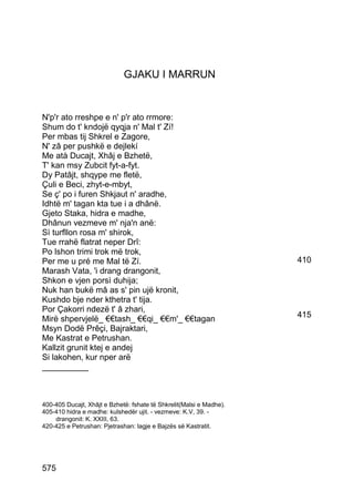 GJAKU I MARRUN


N'p'r ato rreshpe e n' p'r ato rrmore:
Shum do t' kndojë qyqja n' Mal t' Zí!
Per mbas tij Shkrel e Zagore,
N' zâ per pushkë e dejlekí
Me atà Ducajt, Xhâj e Bzhetë,
T' kan msy Zubcit fyt-a-fyt.
Dy Patâjt, shqype me fletë,
Çuli e Beci, zhyt-e-mbyt,
Se ç' po i furen Shkjaut n' aradhe,
Idhtë m' tagan kta tue i a dhânë.
Gjeto Staka, hidra e madhe,
Dhânun vezmeve m' nja'n anë:
Sì turfllon rosa m' shirok,
Tue rrahë flatrat neper Drî:
Po lshon trimi trok më trok,
Per me u pré me Mal të Zí.                                           410
Marash Vata, 'i drang drangonit,
Shkon e vjen porsì duhija;
Nuk han bukë mâ as s' pin ujë kronit,
Kushdo bje nder kthetra t' tija.
Por Çakorri ndezë t' â zhari,
                                                                     415
Mirë shpervjelë_ €€tash_ €€qi_ €€m'_ €€tagan
Msyn Dodë Prêçi, Bajraktari,
Me Kastrat e Petrushan.
Kallzit grunit ktej e andej
Si lakohen, kur nper arë
__________



400-405 Ducajt, Xhâjt e Bzhetë: fshate të Shkrelit(Malsi e Madhe).
405-410 hidra e madhe: kulshedër ujit. - vezmeve: K.V, 39. -
    drangonit: K. XXIII, 63.
420-425 e Petrushan: Pjetrashan: lagje e Bajzës së Kastratit.




575
 
