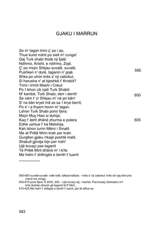 GJAKU I MARRUN


Se m' tagan trimi ç' po i ep,
Thue kund rrahit po siell m' cunga!
Qaj Turk shabi thotë nji fjalë:
Ndihmo, Krisht, e ndihmo, Zojë,
Ç' po msýn Shkjau suvalë, suvalë,
Pushken n' dorë, taganin n' gojë.                                                                595
Shka po ulron krés s' nji cabokut,
Si harusha n' at bjeshkë t' Krrabit?
Trimi i trimit Mashi i Cokut
Po I lshon zâ njati Turk Shabit:
M' kambë, Turk Shabi, derr i derrit!                                                             600
Se nám t' zí Shkjau m' né po bân!
S' na bân kryet mâ as sa 'i krye berrit,
Po s' i a thyem hovin m' tagan.
Lshon Turk Shabi porsì fjera;
Msýn Muç Hasi si duhija;
Kaq t' âsht dhânë zhurma e potera                                                                605
Edhè ushtue t' ká Metohija,
Kah lshon turrin Mêmi i Smalit
Me at Prêlë Mirin krah per krah:
Gurgllon gjaku rrkajë poshtë malit,
Shakull gjindja bijn per rrah!
Ujë kovaçi pse taganit
Të Prêlë Mirit dhânë m' i ki'te
Me helm t' shllingës e tamth t' luanit
__________



595-600 suvalë-suvalë: valë-valë, tallaze-tallaze. - krés s' nji cabokut: krés së njaj kërcune
    (vend me cûngj).
605-615 porsi fjera: K.XXIII, 200. - Ujë kovaçi etj.: rreshto: Pse kovaçi (farkatari) m'I
    ki'te (kishte) dhanë ujë taganit të P.Mirit...
615-625 Me helm t' shlligës e tamth t' luanit: per të diftue se




583
 