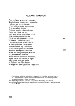 GJAKU I MARRUN
Pod e m' pod qi, poshtë rrmorevet
Tue balcue e shpardha m' shpardha,
Kulihum turr gorromiseshin
N' gurrní t' prrojevet shkumuese.
E t'u shkref atý 'i stuhí
Erësh s' perzijta, shungulluese,
Rriba e s' cilles, me furí
Kah pershkohej bjeshkës e vrrinit,
Shkulte bungat qindvjeçare,
Si me shkulë ndoj kallm purrinit;                                                             860
E si kênë t' ishin bazhgare,
Duhmja i dyndte, e me uturimë
T' perfrigueshme, i shakullote,
Nder humnere. Nji zhaurrimë
E pa preme bjeshkve ushtonte;
Kthelltë, termegshim buluritte                                                                865
Toka, e lkundej shrregull; kreshta
E Çakorrit flakë zharritte,
Edhè duhmet e rrfésh s' shpeshta,
Njizet pash, po, u sham, e ngeli
Shyt, porsí nji kyç Gojanit,
E u perzhit per rreth zabeli
N' Koprivnik e m' bjeshkë t' Tropojanit:




__________
    - Tue balcue: tuj këcye, tuj u hjedhë. - shpardha m' shpardha: tue këcye e ah m'
     ah. - gorromiseshin n' gurrní: plandoseshin në humnere, në shtreten gurorë të
     prrojevet nder male. - Rriba: K. IX, 266.
860-865 bazhgare: hjedhë,bëzhdile. - i shakullote: i hidhte tuj i lanë shakull.
870-875 porsi nji kyç Gojanit: porsi nji vorbë (poç) nga fshati I Gojanit ( I permendun per
     ta) në Merditë.




593
 