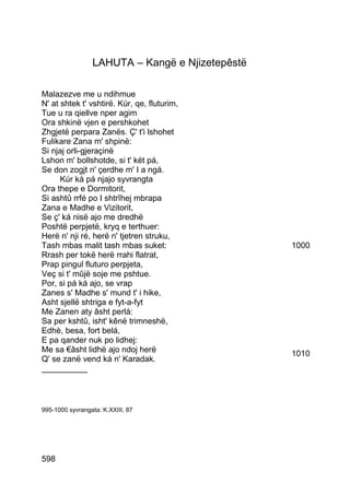 LAHUTA – Kangë e Njizetepêstë

Malazezve me u ndihmue
N' at shtek t' vshtirë. Kúr, qe, fluturim,
Tue u ra qiellve nper agim
Ora shkinë vjen e pershkohet
Zhgjetë perpara Zanës. Ç' t'i lshohet
Fulikare Zana m' shpinë:
Si njaj orli-gjeraçinë
Lshon m' bollshotde, si t' két pá,
Se don zogjt n' çerdhe m' I a ngá.
      Kúr ká pá njajo syvrangta
Ora thepe e Dormitorit,
Si ashtû rrfé po I shtrîhej mbrapa
Zana e Madhe e Vizitorit,
Se ç' ká nisë ajo me dredhë
Poshtë perpjetë, kryq e terthuer:
Herë n' nji ré, herë n' tjetren struku,
Tash mbas malit tash mbas suket:                 1000
Rrash per tokë herë rrahi flatrat,
Prap pingul fluturo perpjeta,
Veç si t' mûjë soje me pshtue.
Por, si pá ká ajo, se vrap
Zanes s' Madhe s' mund t' i hike,
Asht sjellë shtriga e fyt-a-fyt
Me Zanen aty âsht perlá:
Sa per kshtû, isht' kênë trimneshë,
Edhè, besa, fort belá,
E pa qander nuk po lidhej:
Me sa €âsht lidhë ajo ndoj herë                  1010
Q' se zanë vend ká n' Karadak.
__________



995-1000 syvrangata: K.XXIII, 87




598
 