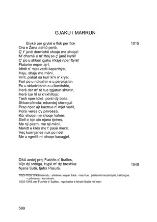 GJAKU I MARRUN

      Grykë per grykë e flok per flok                                                      1015
Ora e Zana ashtû perlá,
Ç' t' janë dermishë shoqe me shoqe!
M' dhamë e m' thoj se ç' janë lvyrë!
Ç' po u shkon gjaku rrkajë nper ftyrë!
Fluturim neper ajrí,
Idhtë n' mjet vedit kaperthye,
Haju, shaju me mëní,
Vrrit, piskat sa kurr ki'n n' krye:
Fort po u ndiqshin e u perpiqshin
Po u shkelvitshin e u llomitshin,
Herë dér m' rê tue zgjatun shtatin,
Herë tue hî si xhixhilloja;
Tash nper tokë, porsì dý bolla,
Shkarrafendu: mbandej shrregull
Prap nper ajr kacrrue n' mjet vedit,
Porsì verës dy pilivoesa,
Kúr shoqe me shoqe hahen:
Siell e bje ato njana tjetres,
Me nji pezm, me nji mëní,
Mendt e krés me t' pasë merzí;
Veç kurrnjanes nuk po i del
Me u ngrefë m' shoqe kacagjel.




Dikû andej prej Fushës s' Iballes,
Vîjn dý shtriga, hypë m' dý breshka:                                                       1040
Njana Sutë, tjetra Pasutë.
__________
1025-1035 Shkarrafendu : shkërreu neper tokë. - kacrrue : përleshë kacambytë, kaliboçue.
     – pilivoesa : kumahark.
1035-1045 prej Fushës s' Iballes : nga fusha e fshatit Iballe në krah-




599
 