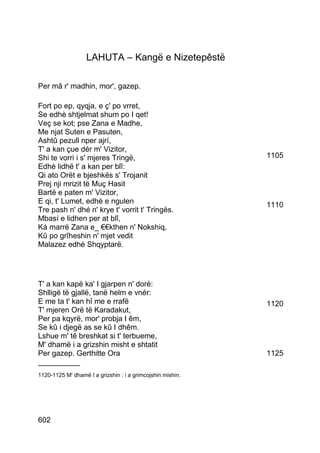 LAHUTA – Kangë e Nizetepêstë

Per mâ r' madhin, mor', gazep.

Fort po ep, qyqja, e ç' po vrret,
Se edhè shtjelmat shum po I qet!
Veç se kot; pse Zana e Madhe,
Me njat Suten e Pasuten,
Ashtû pezull nper ajrí,
T' a kan çue dér m' Vizitor,
Shi te vorri i s' mjeres Tringë,                            1105
Edhè lidhë t' a kan per blî:
Qi ato Orët e bjeshkës s' Trojanit
Prej nji mrizit të Muç Hasit
Bartë e paten m' Vizitor,
E qi, t' Lumet, edhè e ngulen                               1110
Tre pash n' dhé n' krye t' vorrit t' Tringës.
Mbasí e lidhen per at blî,
Ká marrë Zana e_ €€kthen n' Nokshiq,
Kû po grîheshin n' mjet vedit
Malazez edhè Shqyptarë.




T' a kan kapë ka' I gjarpen n' dorë:
Shlligë të gjallë, tanë helm e vnér:
E me ta t' kan hî me e rrafë                                1120
T' mjeren Orë të Karadakut,
Per pa kqyrë, mor' probja I êm,
Se kû i djegë as se kû I dhêm.
Lshue m' tê breshkat si t' terbueme,
M' dhamë i a grizshin misht e shtatit
Per gazep. Gerthitte Ora                                    1125
__________
1120-1125 M' dhamë I a grizshin : i a grimcojshin mishin.




602
 