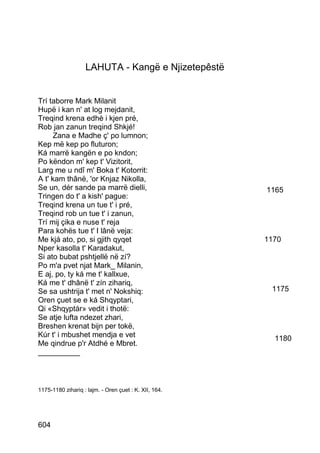LAHUTA - Kangë e Njizetepêstë


Trí taborre Mark Milanit
Hupë i kan n' at log mejdanit,
Treqind krena edhè i kjen pré,
Rob jan zanun treqind Shkjé!
      Zana e Madhe ç' po lumnon;
Kep më kep po fluturon;
Ká marrë kangën e po kndon;
Po këndon m' kep t' Vizitorit,
Larg me u ndî m' Boka t' Kotorrit:
A t' kam thânë, 'or Knjaz Nikolla,
Se un, dér sande pa marrë dielli,                      1165
Tringen do t' a kish' pague:
Treqind krena un tue t' i pré,
Treqind rob un tue t' i zanun,
Trí mij çika e nuse t' reja
Para kohës tue t' I lânë veja:
Me kjá ato, po, si gjith qyqet                         1170
Nper kasolla t' Karadakut,
Si ato bubat pshtjellë në zí?
Po m'a pvet njat Mark_ Milanin,
E aj, po, ty ká me t' kallxue,
Ká me t' dhânë t' zín zihariq,
Se sa ushtrija t' met n' Nokshiq:                       1175
Oren çuet se e ká Shqyptari,
Qi «Shqyptár» vedit i thotë:
Se atje lufta ndezet zhari,
Breshen krenat bijn per tokë,
Kúr t' i mbushet mendja e vet                            1180
Me qindrue p'r Atdhé e Mbret.
__________



1175-1180 zihariq : lajm. - Oren çuet : K. XII, 164.




604
 