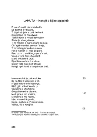 LAHUTA – Kangë e Njizetegjashtë

E tue m' majtë mbrenda hullís
Së burrnís e t' bujarís,
T' bâjsh qi fjala: e butë herherë
Si njaj flladi në Prendverë:
Tash e fortë, e rrebtë dermuese,
Si duhija shungulluese:
T' m' rrjedhë e marë e kund pa neje,
Qi t' rysë mendet, zemrat t' theje,
T' i rreshë gjinden kah e mara,
Fén e Atdhén t' i lvisë perpara.
Pse, po m' u end kanga per s' marit,
Vonë e vonë fisi i Shqyptarit,
Manà tý ká me t' urue,
Bjeshkë e vrrî me t' u lulzue,
Si don vetë moti me t' shkue:
Kangë nper hanë e kangë nper dritë.




Me u merzitë, jo, cok muk ké,                                       95
Ke në fllad t' ksaj stine s' ré,
N' jetë natyra tue shperthye,
Këtû gjên shka t' kande tý:
Vezullime e xhixhillime,
Gurgullime edhe blerime,
Me lugina e me kodrina,                                            100
Me ledina e me rudina,
Hije, kroje edhè çurrila,
Dejke, mjellme e n' shtek kojrila,
Vjollca, lila e karajfila,
                                                                   105
__________
85-90 Qi t' rysë mendet: K. IX, 275. - T'i reshë: t' i drejtojë.
100-105 Dejka, mjellme: dallëndyshe, kanusha ( Cygnus olor).




610
 