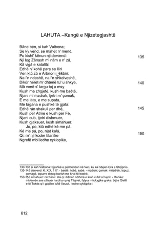 LAHUTA –Kangë e Njizetegjashtë

Bâne bén, si kah Valbona;
Se ky vend, se mahet n' mend,
Po kisht' kênun nji dervend:                                                                135
Nji log Zânash m' nám e n' zâ,
Kâ vigâ e katallâ:
Edhè n' kohë para se Iliri
Ven ktû zû e Arbnori i_€€biri:
Na i'n ndeshë, na i'n shkelveshë,
Dikúr heret m' dhâmë tu' u shkye,                                                           140
Mâ vonë s' largu tuj u msy
Kush me zhgjetë, kush me baètë,
Njani m' mzdrak, tjetri m' çomak,
E me lata, e me supata,
Me tagana e pushkë të gjata:
Edhè rán shakull per dhé,                                                                   145
Kush per Atme e kush per Fé,
Njani cub, tjetri dishmuer,
Kush gjaksuer, kush simahuer.
     Jo, po, ktû edhè ké me pá,
Ké me pá, po, njat kalá,
Qi, m' nji koder titanike                                                                   150
Ngrefë mbi ledhe cyklopike,




__________
130-135 si kah Valbona: bjeshkë e permendun në Veri, ku ká ndejen Ora e Shqipnís.
135-145 dervend: K. XIX, 117. - baètë: hobé, sabé. - mzdrak; çomak: mëzdrak, topuz;
    çomagë, topurre shkop barísh me krye të trashë.
150-155 simahuer: në Kanú: ata qi i bâhen ndihmë e krah cubit a hajnit. - titanike:
    mbiemën ase cillsuer i ardhun prej Titajvet, fytyra mitologjike greke: bijt e Qiellit
    e të Tokës qi i çpallen luftë Xeusit. -ledhe cyklopike :




 612
 