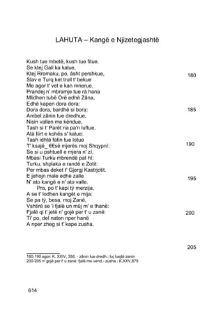 LAHUTA – Kangë e Njizetegjashtë


Kush tue mbetë, kush tue fitue.
Se ktej Gali ka kalue,
Ktej Rromaku, po, âsht pershkue,                                   180
Slav e Turq ket trull t' bekue
Me agor t' vet e kan mnerue.
Prandej n' mbramje tue rá hana
Mlidhen tubë Orë edhè Zâna,
Edhè kapen dora dora:
Dora dora, bardhë si bora:                                         185
Ambel zânin tue dredhue,
Nisin vallen me këndue,
Tash si t' Parët na pa'n luftue,
Atà Ilirt e kohës s' kalue:
Tash idhtë fatin tue lotue
T' ksajë_ €€së mjerës moj Shqypní:                                 190
Se si u pshtuell e mjera n' zí,
Mbasi Turku mbrendë pat hî:
Turku, shplaka e randë e Zotit:
Per mbas deket t' Gjergj Kastrjotit.
E jehojn male edhè zalle                                           195
N' ato kangë e n' ato valle.
     Pra, po t' kapi tý merzija,
A se t' lodhen kangët e mija:
Se pa tý, besa, moj Zanë,
Vshtirë se 'i fjalë un mûj m' e thanë:
Fjalë qi t' jetë n' gojë per t' u zanë:                            200
Ti' po, del naten nper hanë
A nper zheg si t' kape zusha,



                                                                   205
__________
180-190 agor: K. XXIV, 356. - zânin tue dredh.: tuj luejtë zanin
200-205 n' gojë per t' u zanë: fjalë me vend.- zusha : K.XXV,879




614
 