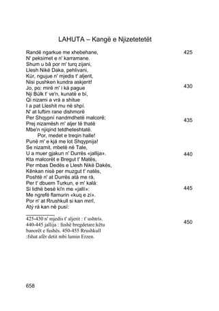 LAHUTA – Kangë e Njizetetetët
Randë ngarkue me xhebehane,                    425
N' peksimet e n' karramane.
Shum u bâ por m' turq zijani,
Llesh Nikë Daka, pehlivani,
Kúr, ngujue n' mjedis t' aljerit,
Nisi pushken kundra askjerit!
Jo, po: mirë m' i ká pague                     430
Nji Búlk t' ve'n, kunatë e bí,
Qi nizami a vrá a shitue
I a pat Lleshit mu në shpí.
N' at luftim rane dishmorë
Per Shqypní nandmdhetë malcorë;                435
Prej nizamësh m' aljer të thatë
Mbe'n njiqind tetdheteshtatë.
      Por, medet e treqin halle!
Punë m' e kjá me lot Shqypnija!
Se nizamit, mbetë në Tale,
U a muer gjakun n' Durrës «jallija».           440
Kta malcorët e Bregut t' Matës,
Per mbas Dedës e Llesh Nikë Dakës,
Kênkan nisë per muzgut t' natës,
Poshtë n' at Durrës atà me rá,
Per t' dbuem Turkun, e m' kalá:
Si lidhë besë ki'n me «jallí»:                 445
Me ngrefë flamurin «kuq e zí».
Por n' at Rrushkull si kan mrrî,
Atý rá kan në pusí:
__________
425-430 n' mjedis t' aljerit : t' ushtrís.
440-445 jallija : fushë bregdetare:këtu        450
banorët e fushës. 450-455 Rrushkull
:fshat afër detit mbi lumin Erzen.




658
 
