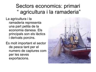 Sectors   economics:  primari  “ agricultura i la ramaderia” La agricultura i la ramaderia representa una part petita de la economia danesa. Els principals son els làctics i derivats porcins. Es molt important el sector de pesca tant per el numero de captures com per les seves exportacions. 