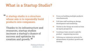 We develop ideas into products
and products into companies
“
”
What is a Startup Studio?
A Startup Studio is
a Company of ...