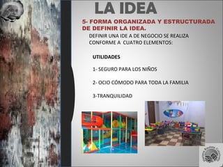 LA IDEA
5- FORMA ORGANIZADA Y ESTRUCTURADA
DE DEFINIR LA IDEA.
DEFINIR UNA IDE A DE NEGOCIO SE REALIZA
CONFORME A CUATRO ELEMENTOS:
UTILIDADES
1- SEGURO PARA LOS NIÑOS
2- OCIO CÓMODO PARA TODA LA FAMILIA
3-TRANQUILIDAD
 