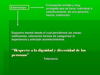 Concepción simple y muy
Estereotipo             arraigada que se tiene, individual o
                        colectivamente, de una persona,
                        hecho, institución




Esquema mental desde el cual percibimos las cosas;
calificamos, valoramos formas de categorizar la
experiencia y anticipar acontecimientos.



“Respecto a la dignidad y diversidad de las
personas”
                      Tolerancia
 