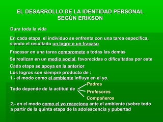 EL DESARROLLO DE LA IDENTIDAD PERSONAL
               SEGÚN ERIKSON
Dura toda la vida

En cada etapa, el individuo se enfrenta con una tarea específica,
siendo el resultado un logro o un fracaso
Fracasar en una tarea compromete a todas las demás
Se realizan en un medio social, favorecidas o dificultadas por este
Cada etapa se apoya en la anterior
Los logros son siempre producto de :
1.- el modo como el ambiente influye en el yo.
                                      Padres
Todo depende de la actitud de
                                      Profesores
                                     Compañeros
2.- en el modo como el yo reacciona ante el ambiente (sobre todo
a partir de la quinta etapa de la adolescencia y pubertad
 