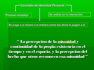 Concepto de Identidad Personal


Proceso complejo                  Se realiza en la interacción



  Se juzga a si mismo a la manera como los otros lo juzgan a él




     “ La percepción de la mismidad y
  continuidad de la propia existencia en el
 tiempo y en el espacio, y la percepción del
 hecho que otros reconocen esa mismidad ”
 