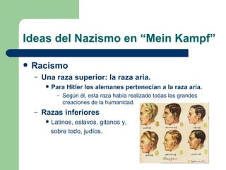 Ideas del Nazismo en “Mein Kampf” Racismo Una raza superior: la raza aria. Para Hitler los alemanes pertenecían a la raza aria. Según él, esta raza había realizado todas las grandes creaciones de la humanidad. Razas inferiores Latinos, eslavos, gitanos y,  sobre todo, judíos. 