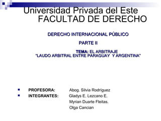 Universidad Privada del Este
FACULTAD DE DERECHO
DERECHO INTERNACIONAL PÚBLICO
PARTE II
TEMA: EL ARBITRAJE
“LAUDO ARBITRAL ENTRE PARAGUAY Y ARGENTINA”




PROFESORA:
INTEGRANTES:

Abog. Silvia Rodríguez
Gladys E. Lezcano E.
Myrian Duarte Fleitas.
Olga Cancian

 