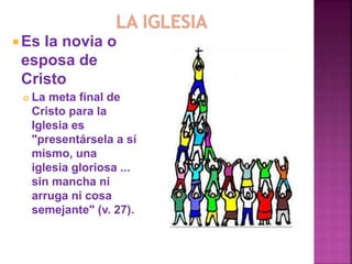  Es la novia o
esposa de
Cristo
 La meta final de
Cristo para la
Iglesia es
"presentársela a sí
mismo, una
iglesia gloriosa ...
sin mancha ni
arruga ni cosa
semejante" (v. 27).
 