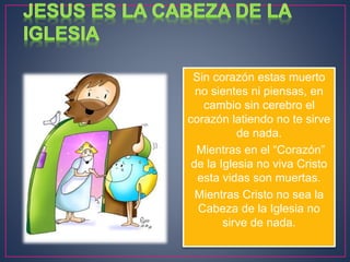 Sin corazón estas muerto
no sientes ni piensas, en
cambio sin cerebro el
corazón latiendo no te sirve
de nada.
Mientras en el “Corazón”
de la Iglesia no viva Cristo
esta vidas son muertas.
Mientras Cristo no sea la
Cabeza de la Iglesia no
sirve de nada.
 