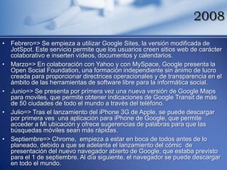 2008

• Febrero=> Se empieza a utilizar Google Sites, la versión modificada de
  JotSpot. Este servicio permite que los usuarios creen sitios web de carácter
  colaborativo e inserten vídeos, documentos y calendarios.
• Marzo=> En colaboración con Yahoo y con MySpace, Google presenta la
  Open Social Foundation, una formación independiente sin ánimo de lucro
  creada para proporcionar directrices operacionales y de transparencia en el
  ámbito de las herramientas de software libre para la informática social.
• Junio=> Se presenta por primera vez una nueva versión de Google Maps
  para moviles, que permite obtener indicaciones de Google Transit de más
  de 50 ciudades de todo el mundo a través del teléfono.
• Julio=> Tras el lanzamiento del iPhone 3G de Apple, se puede descargar
  por primera ves una aplicación para iPhone de Google, que permite
  acceder a Mi ubicación y ofrece sugerencias de palabras para que las
  búsquedas móviles sean más rápidas.
• Septiembre=> Chrome, empieza a estar en boca de todos antes de lo
  planeado, debido a que se adelanta el lanzamiento del cómic de
  presentación del nuevo navegador abierto de Google, que estaba previsto
  para el 1 de septiembre. Al día siguiente, el navegador se puede descargar
  en todo el mundo.
 