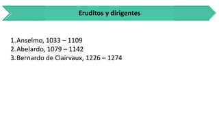 Eruditos y dirigentes 
1.Anselmo, 1033 –1109 
2.Abelardo, 1079 –1142 
3.Bernardo de Clairvaux, 1226 –1274 