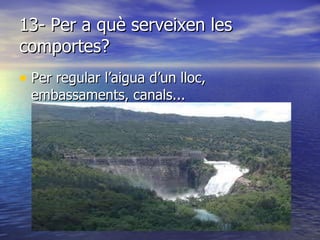 13- Per a què serveixen les comportes? Per regular l’aigua d’un lloc, embassaments, canals... 