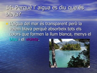 14- Perquè l’ aigua es diu que és blava? L’aigua del mar és transparent però la veiem blava perquè absorbeix tots els colors que formen la llum blanca, menys el  blau  i el  violeta . 