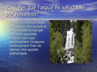 26 – Per què l’aigua és saludable per nosaltres? L’aigua és imprescindible pels éssers vius perquè el seu cos està format per una bona quantitat d’aigua i com que contínuament l’evaporen contínuament l’han de reposar sinó queden deshidratats.  