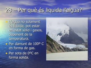28 – Per què és liquida l’aigua? L’aigua no solament és líquida, pot estar en estat sòlid i gasos, depenent de la temperatura. Per damunt de 100º C en forma de gas. Per sota de 0ºC en forma solida. 
