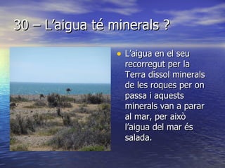 30 – L’aigua té minerals ? L’aigua en el seu recorregut per la Terra dissol minerals de les roques per on passa i aquests minerals van a parar al mar, per això l’aigua del mar és salada.  