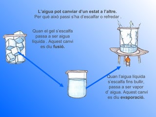 L’aigua pot canviar d’un estat a l’altre.
 Per què això passi s’ha d’escalfar o refredar .


Quan el gel s’escalfa
   passa a ser aigua
líquida . Aquest canvi
     es diu fusió.




                                        Quan l’aigua líquida
                                        s’escalfa fins bullir,
                                         passa a ser vapor
                                       d’ aigua. Aquest canvi
                                        es diu evaporació.
 