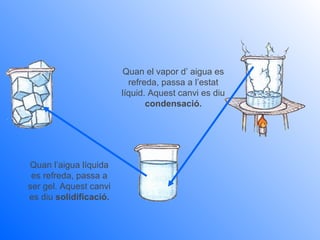Quan el vapor d’ aigua es
                          refreda, passa a l’estat
                        líquid. Aquest canvi es diu
                               condensació.




Quan l’aigua líquida
 es refreda, passa a
ser gel. Aquest canvi
es diu solidificació.
 