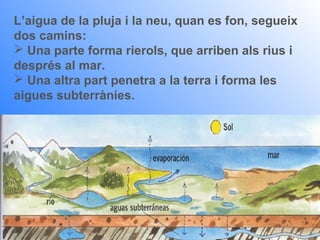 L’aigua de la pluja i la neu, quan es fon, segueix
dos camins:
 Una parte forma rierols, que arriben als rius i
després al mar.
 Una altra part penetra a la terra i forma les
aigues subterrànies.
 