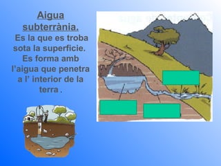 Aigua
  subterrània.
 Es la que es troba
 sota la superficie.
    Es forma amb
l’aigua que penetra
  a l’ interior de la
         terra .

                        Aqüifer
 