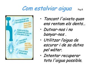 Com estalviar aigua       Pag:8



      • Tancant l'aixeta quan
        ens rentam els dents…
      • Dutxar-nos i no
        banyar-nos .
      • Utilitzar l’aigua de
        escurar i de sa dutxa
        pel wàter.
      • Intentar recuperar
        tota l'aigua possible.
 