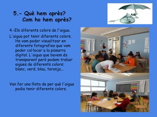 5.- Què hem après?
Com ho hem après?
4.-Els diferents colors de l'aigua.
L'aigua pot tenir diferents colors.
Ho vam poder visualitzar en
diferents fotografies que vam
poder col·locar a la pissarra
digital. L'aigua que bevem és
transparent però podem trobar
aigües de diferents colors:
blanc, verd, blau, taronja...
Van fer una llista de per què l'aigua
podia tenir diferents colors.
 