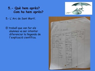 5.- Què hem après?
Com ho hem après?
5.- L'Arc de Sant Martí.
El treball que van fer els
alumnes va ser intentar
diferenciar la llegenda de
l'explicació científica.
 