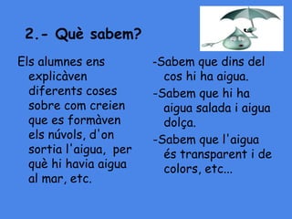 2.- Què sabem?
Els alumnes ens
explicàven
diferents coses
sobre com creien
que es formàven
els núvols, d'on
sortia l'aigua, per
què hi havia aigua
al mar, etc.
-Sabem que dins del
cos hi ha aigua.
-Sabem que hi ha
aigua salada i aigua
dolça.
-Sabem que l'aigua
és transparent i de
colors, etc...
 