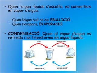 • Quan l’aigua líquida s’escalfa, es converteix
en vapor d’aigua.
– Quan l’aigua bull es diu EBULLICIÓ.
– Quan s’evapora, EVAPORACIÓ.
• CONDENSACIÓ. Quan el vapor d’aigua es
refreda i es transforma en aigua líquida.
 